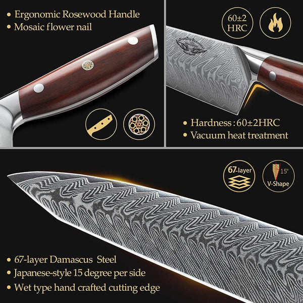 7 Piece Damascus Steel Professional Kitchen Knives Set with Rosewood  Handles & Acacia Knife Block