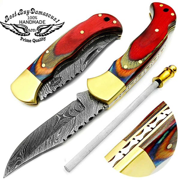 knife 6.5 Blue Wood Damascus Steel Pocket Knife Folding Pocket knives set  – Best Buy Damascus
