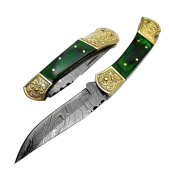 Couteau de poche Damas 7,5" Couteau pliant de travail Scrimshaw en bois vert 