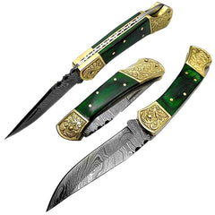 Couteau de poche Damas 7,5" Couteau pliant de travail Scrimshaw en bois vert 