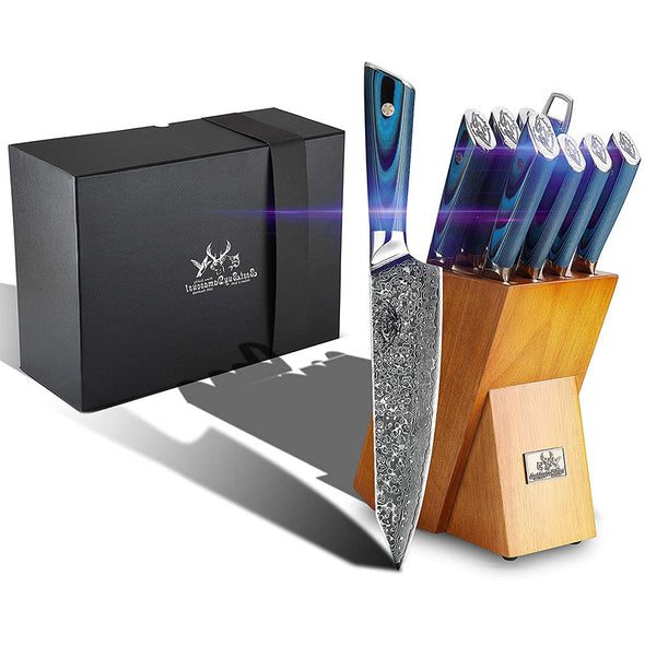 Knife Block Set 9 Pcs Japanese Aus-10 Damascus Knife Set, Chef Knives Blue G10 Handel Premium Quality Kitchen Knife Set