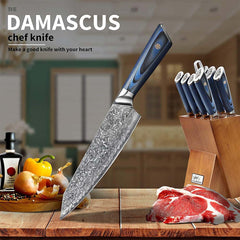 Knife Block Set 9 Pcs Japanese Aus-10 Damascus Knife Set, Chef Knives Blue G10 Handel Premium Quality Kitchen Knife Set