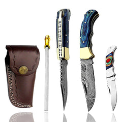 knife 6.5" Blue Wood Damascus Steel Folding Pocket Knife Hunting knife Pocket knife for men, Pocket knives set