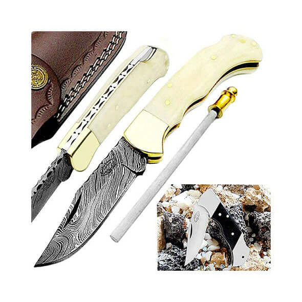 Camel Bone 6.5'' Hunting Pocket Knife - Best Buy Damascus