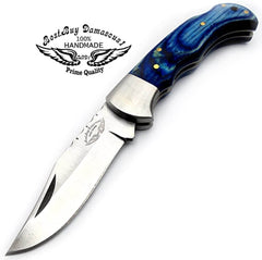 Custom Handmade Stainless Steel Sliver Bolster Wood Pocket Knife, Blue, 6.5" - Best Buy Damascus