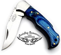 Custom Handmade Stainless Steel Sliver Bolster Wood Pocket Knife, Blue, 6.5" - Best Buy Damascus