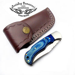 Custom Handmade Stainless Steel Sliver Bolster Wood Pocket Knife, Blue, 6.5" - Best Buy Damascus