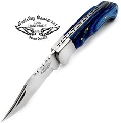 Custom Handmade Stainless Steel Sliver Bolster Wood Pocket Knife, Blue, 6.5" - Best Buy Damascus