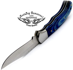 Custom Handmade Stainless Steel Sliver Bolster Wood Pocket Knife, Blue, 6.5" - Best Buy Damascus