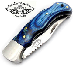 Custom Handmade Stainless Steel Sliver Bolster Wood Pocket Knife, Blue, 6.5" - Best Buy Damascus