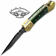 Damascus Pocket Knife 7.5" Green Wood Scrimshaw Work Folding Knife - Best Buy Damascus