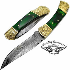 Damascus Pocket Knife 7.5" Green Wood Scrimshaw Work Folding Knife - Best Buy Damascus