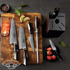 Damascus Steel 7 - Piece Kitchen Knife Set with Block Wooden and Sharpener Rod, Professional Chef Knife Set Santoku Carving Utility Paring Knife, Ergonomic G10 Black Handle - Best Buy Damascus