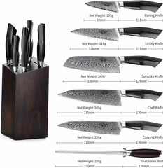 Damascus Steel 7 - Piece Kitchen Knife Set with Block Wooden and Sharpener Rod, Professional Chef Knife Set Santoku Carving Utility Paring Knife, Ergonomic G10 Black Handle - Best Buy Damascus