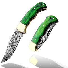 knife 6.5" Couteau de poche en bois vert Couteau de chasse pliant en acier damas Couteau de poche pour hommes, Couteaux de poche 