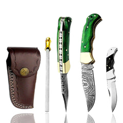 knife 6.5" Couteau de poche en bois vert Couteau de chasse pliant en acier damas Couteau de poche pour hommes, Couteaux de poche 