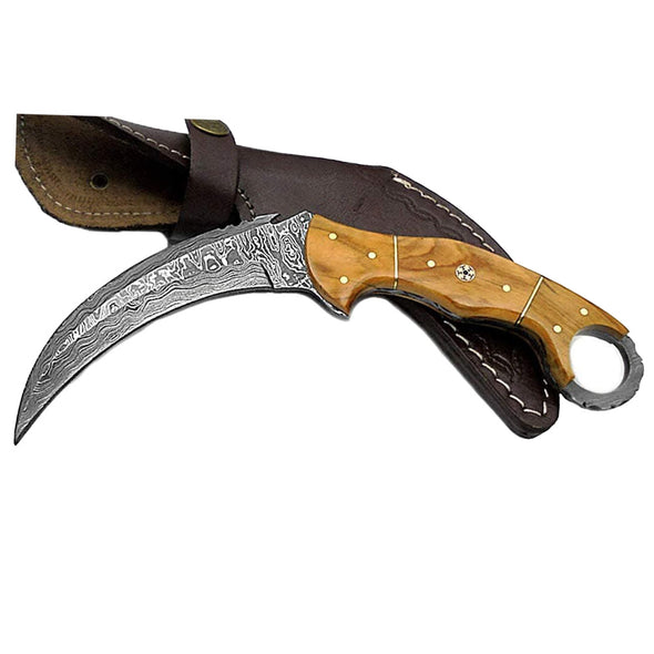 knife 8.2" Karambit Hunting knife Olive Wood Damascus Hunting fixed blade knife