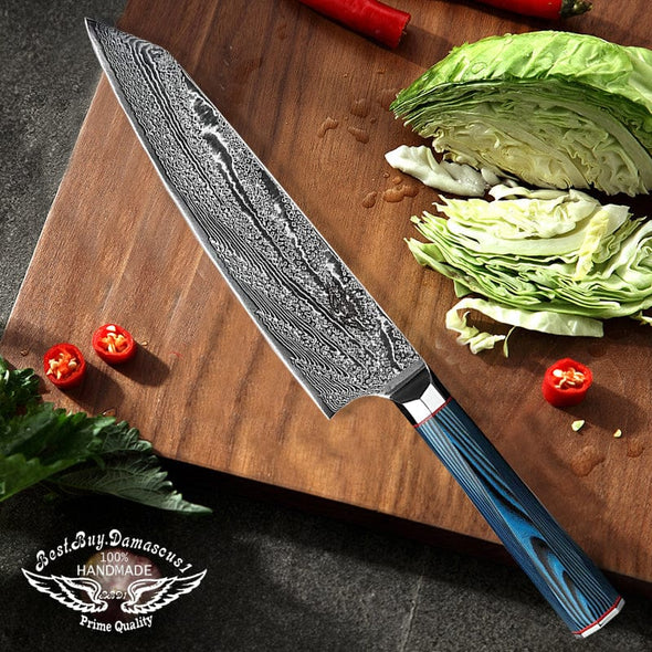 Kitchen Knife Set 9 Pcs Japanese AUS - 10 Damascus Steel Chef Knife Set Blue G10 Knife Set Professional Chef Knife Block Set - Best Buy Damascus