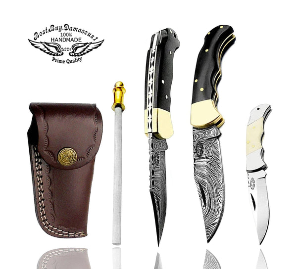 Pocket Knife Buffalo Horn Handle, Damascus Steel Blade Knife set