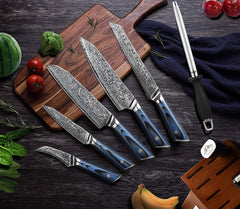 Knife Block Set 9 Pcs Japanese Aus - 10 Damascus Knife Set, Chef Knives Blue G10 Handel Premium Quality Kitchen Knife Set - Best Buy Damascus