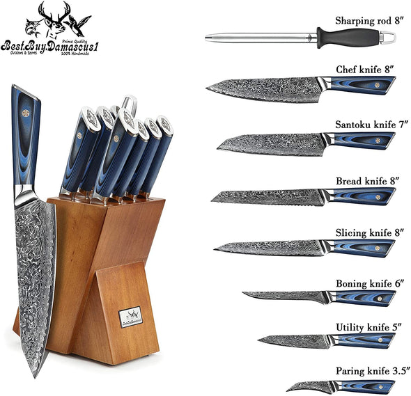 Knife Block Set 9 Pcs Japanese Aus - 10 Damascus Knife Set, Chef Knives Blue G10 Handel Premium Quality Kitchen Knife Set - Best Buy Damascus