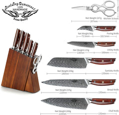 Knife Block Sets 7 Pieces Kitchen Knife Set with Block Wooden Professional Damascus Steel Chef Knife Santoku Bread Utility Fruit Knife - Best Buy Damascus