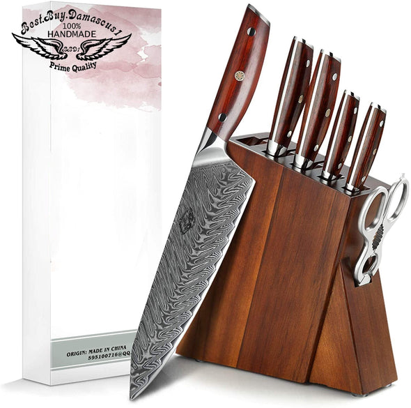 Knife Block Sets 7 Pieces Kitchen Knife Set with Block Wooden Professional Damascus Steel Chef Knife Santoku Bread Utility Fruit Knife - Best Buy Damascus