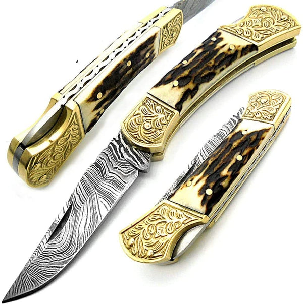 couteau Deer Antler Pocket Knife avec Scrimshaw Work 7.6'' Damas Couteaux de poche cadeaux pour hommes 