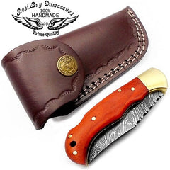 Orange Wood 6.5'' Hunting Pocket Knife - Best Buy Damascus