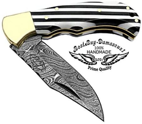 Pocket Knife 6.5" Black & White Damscus Steel Best Hunting Camping or sho - Best Buy Damascus