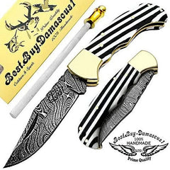 Pocket Knife 6.5" Black & White Damscus Steel Best Hunting Camping or sho - Best Buy Damascus