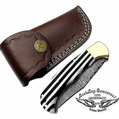 Pocket Knife 6.5" Black & White Damscus Steel Best Hunting Camping or sho - Best Buy Damascus