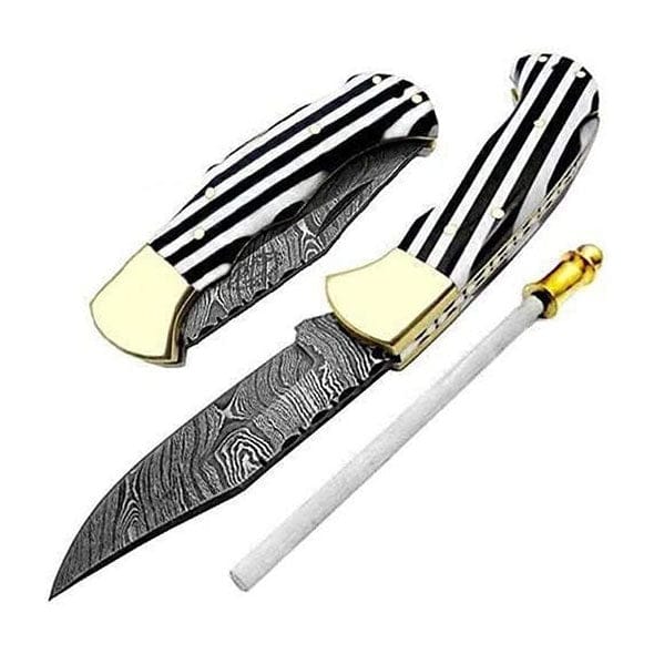 Pocket Knife 6.5" Black & White Damscus Steel Best Hunting Camping or sho - Best Buy Damascus