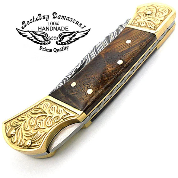Pocket Knife 7.5'' Rose Wood Damascus Pocket Knife Scrimshaw Hunting Folding Knife Men's & Women's Gifts - Best Buy Damascus