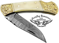 Pocket Knife Camel Bone 7.5'' Handmade Damascus Folding Knife Scrimshaw Work Pocket Knives - Best Buy Damascus