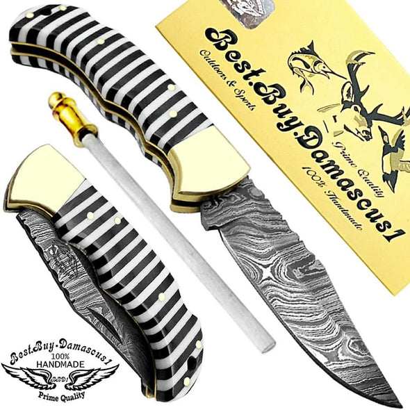 Pocket Knife Damascus Steel Knife Black & White Small Lines 6.5" Pocket Knives - Best Buy Damascus