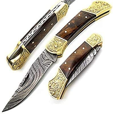 Pocket Knife Rose Wood 7.5" Knife Brass Double Bloster Scrimshaw Work Handmade Damascus Steel Pocket Knife - Best Buy Damascus