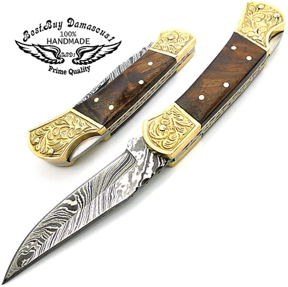 Pocket Knife Rose Wood 7.5" Knife Brass Double Bloster Scrimshaw Work Handmade Damascus Steel Pocket Knife - Best Buy Damascus