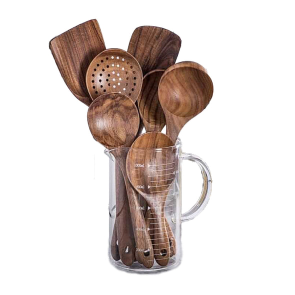 7 pièces vaisselle de cuisine cuillère ensemble teck bois naturel cuillère louche tourneur passoire à riz soupe écumoire cuillère de cuisson Scoop cuisine réutilisable trousse à outils