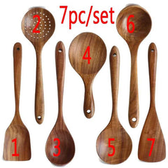 7 pièces vaisselle de cuisine cuillère ensemble teck bois naturel cuillère louche tourneur passoire à riz soupe écumoire cuillère de cuisson Scoop cuisine réutilisable trousse à outils