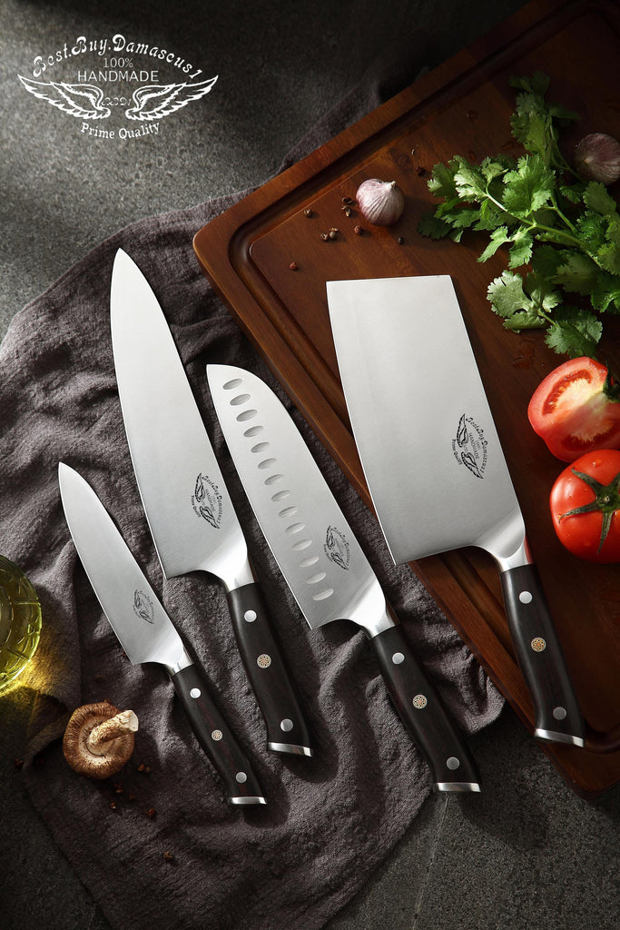 ipurehome Knife Set Damascus Pattern Kitchen Knife Set, Professional 5 Pcs  High Carbon German Stainless Steel Knife Set with Non-slip Wood Handles