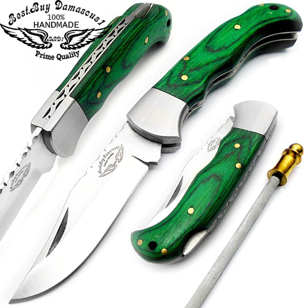 7 Back Lock Handmade Damascus Steel Pocket Knife Green Pakka Wood Han