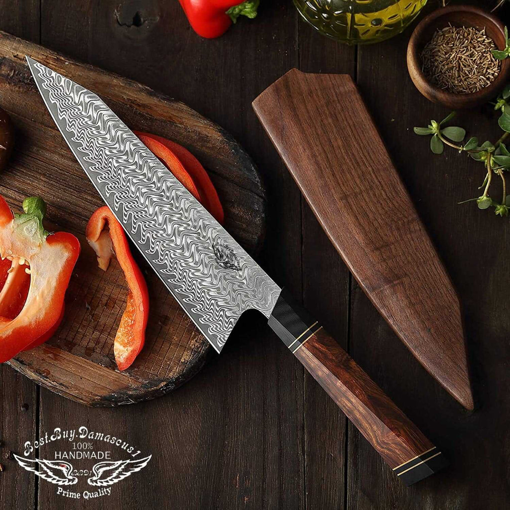 KATSU Kiritsuke Chef Knife - Damascus - Japanese Kitchen Knife - 8-inch -  Handcrafted Octagonal Handle - Wood Sheath & Gift Box (Kritsuke Knife)