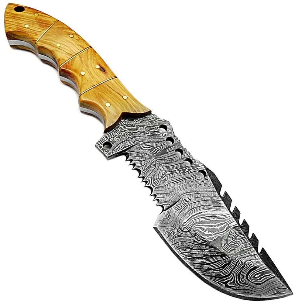  BG Knives Handmade Damascus Steel Hunting Fixed Blade Knife  With Leather Sheath, Olive Wood Handle - 9.75 Length Full Tang  Multipurpose Knife K-152 : Sports & Outdoors
